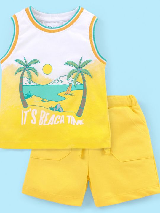 100% Cotton Sleeveless Beach Print Tee and Shorts