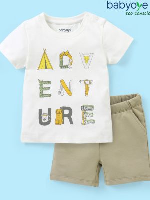 100% Organic Cotton with Eco Jiva Finish Half Sleeves Adventure Printed T-Shirt & Striped Shorts