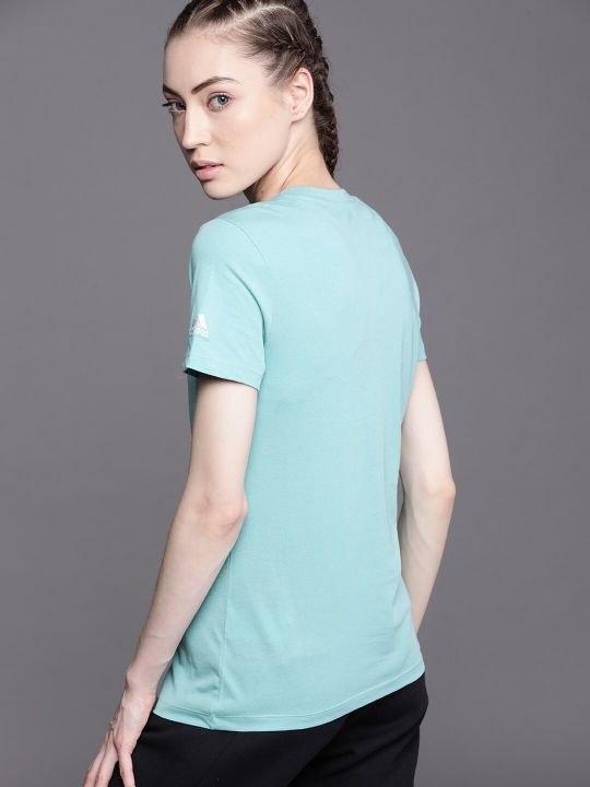 ADIDAS Women Blue Brand Logo Printed Loungewear Essentials Slim Logo Pure Cotton Sustainable T-shirt
