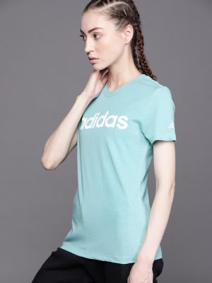 ADIDAS Women Blue Brand Logo Printed Loungewear Essentials Slim Logo Pure Cotton Sustainable T-shirt