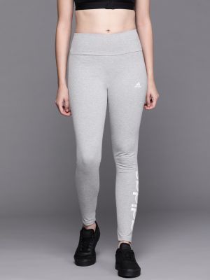 ADIDAS Women Grey Melange & White Linear Brand Logo Solid Tights