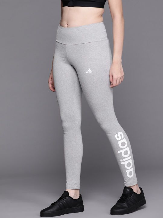 ADIDAS Women Grey Melange & White Linear Brand Logo Solid Tights