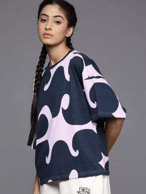 ADIDAS Women Lavender & Navy Blue Marimekko Pure Cotton T-shirt