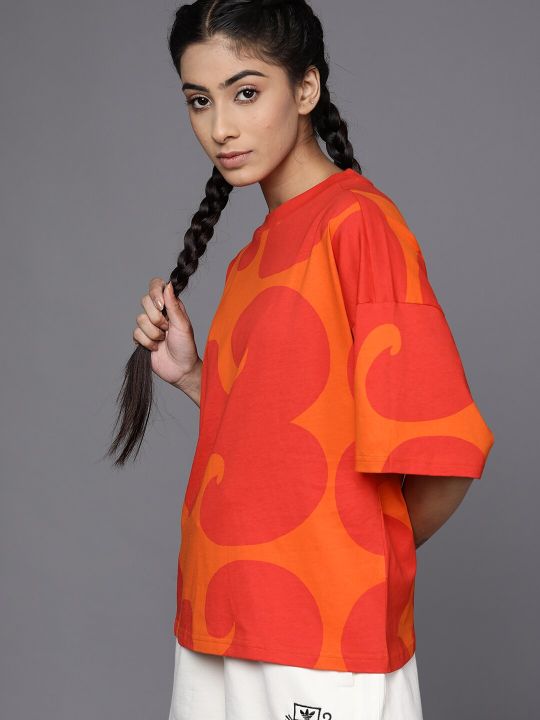 ADIDAS Women Orange & Red Printed Marimekko Pure Cotton T-shirt
