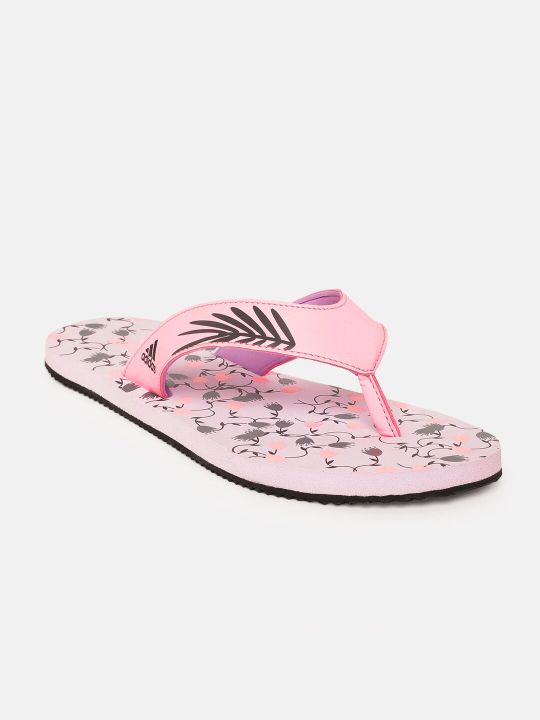 ADIDAS Women Pink & Charcoal Grey Printed Cloudfoam Slide Thong Flip-Flops