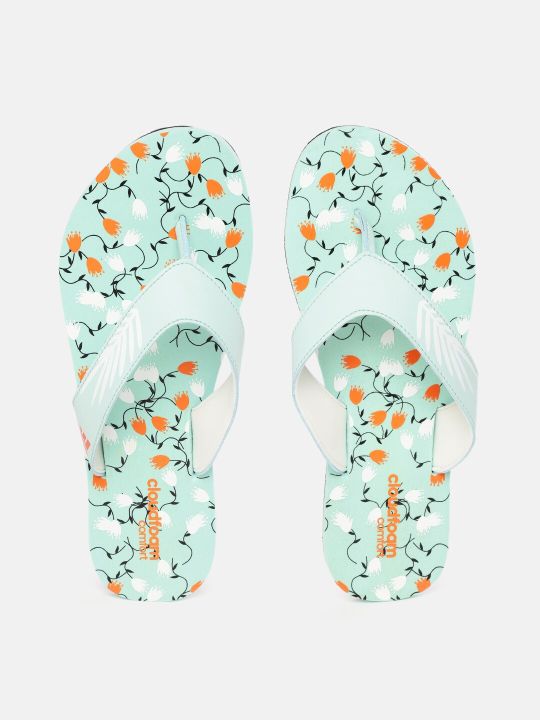 ADIDAS Women Sea Green & White Floral Printed Cloudfoam Thong Flip Flops