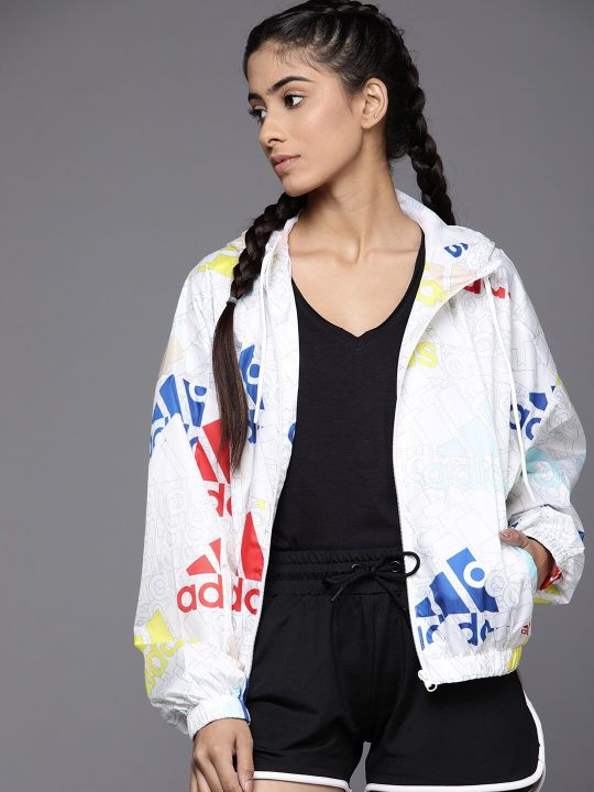 ADIDAS Women White Yellow Brand Logo Sporty Jacket