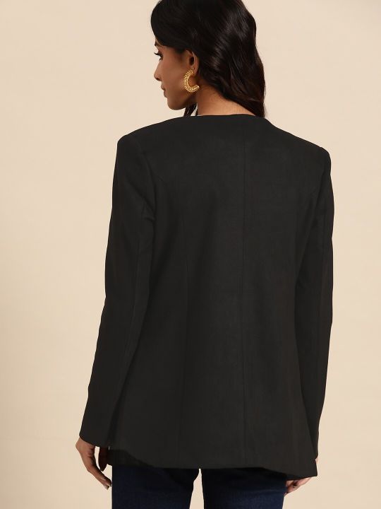 all about you Women Solid Collarless Shoulder Pads Blazer