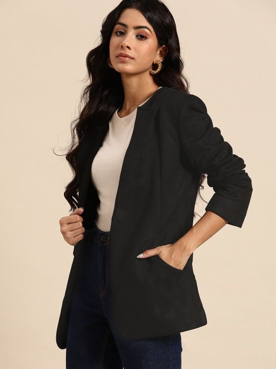 all about you Women Solid Collarless Shoulder Pads Blazer