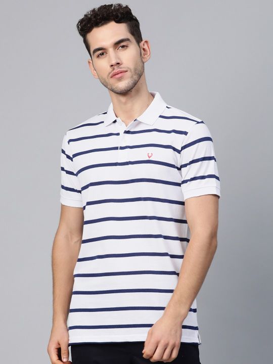 Allen Solly Men White & Navy Blue Striped Polo Collar T-shirt