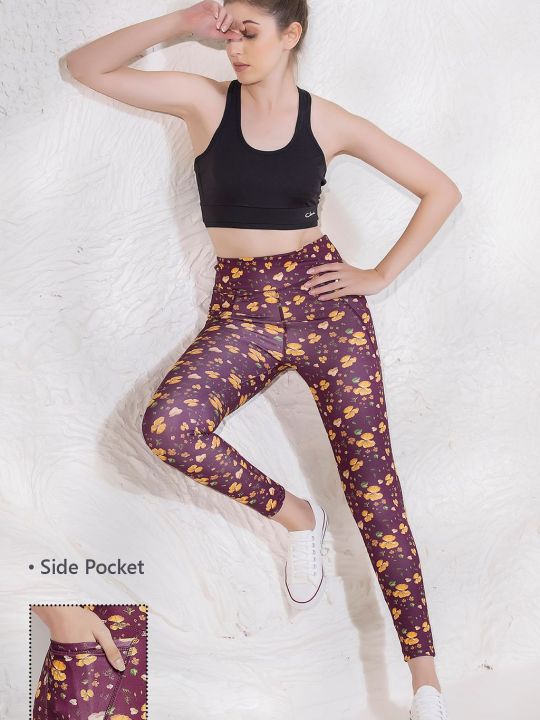 Ankle-Length High-Rise Active Floral Print Tights in Plum with Side Pocket