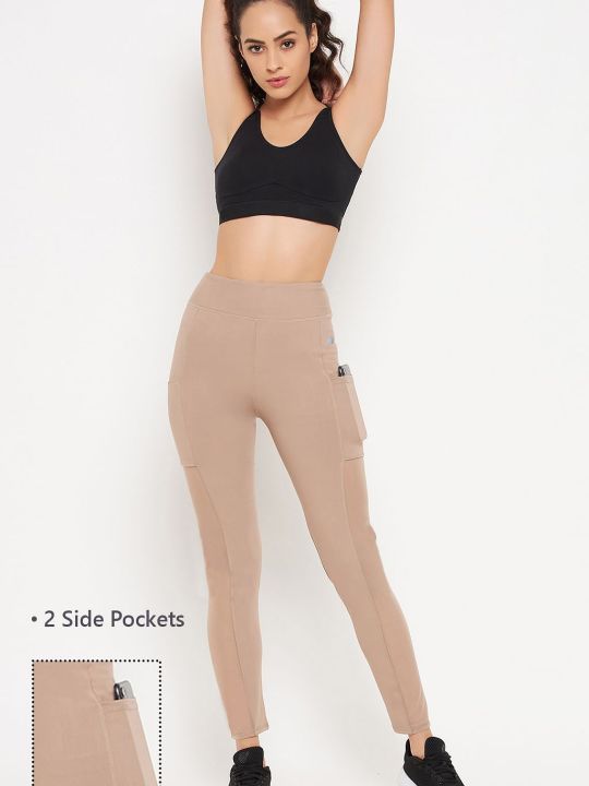 Ankle-Length High-Rise Active Tights in Nude Colour with Powernet Panels & Side Pockets