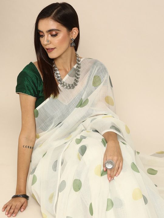 Anouk Off-White & Green Linen Blend Printed Bhagalpuri Saree