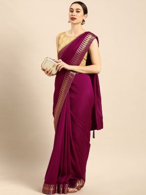 Anouk Purple Cotton Blend Solid Banarasi Saree
