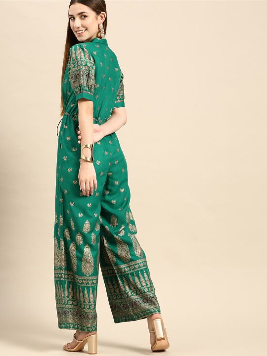 Anouk Women Green & Golden Ethnic Motifs Printed Basic Jumpsuit