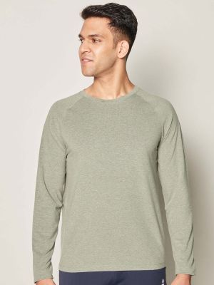 Anti Odor Cotton Long Sleeve Round Neck T-Shirt - Olive Melange (GLOOT)