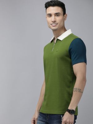 Ardor Edition Men Green Slim Fit Contrast Polo Collar Pure Cotton T-shirt (THE BEAR HOUSE)