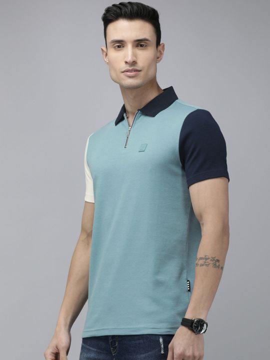 Ardor Edition Men Teal Blue Slim Fit Contrast Polo Collar Pure Cotton T-shirt (THE BEAR HOUSE)