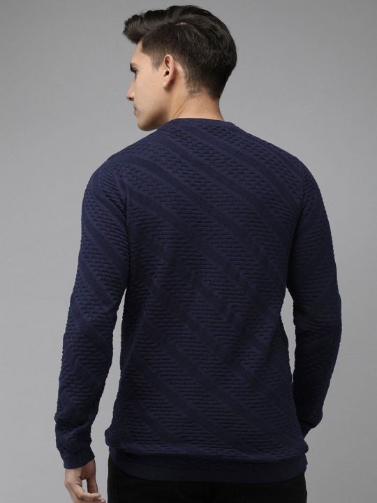Arodr Edition Men Navy Blue Self Design Pure Cotton Knitted Pullover T-shirt (THE BEAR HOUSE)
