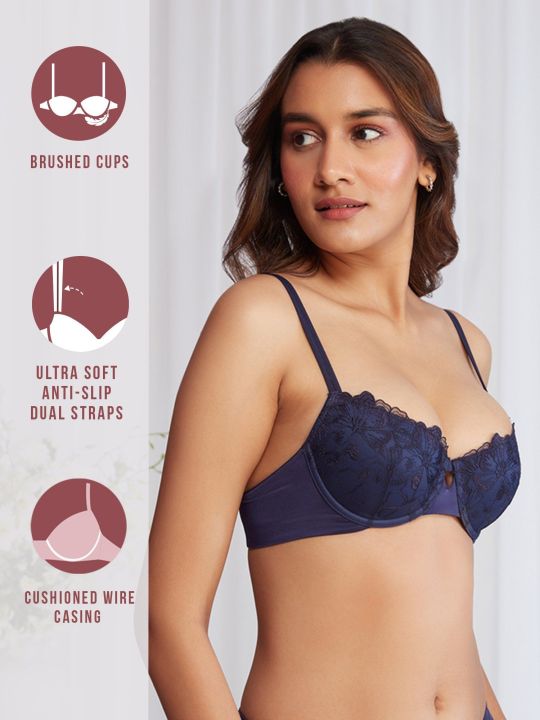 Balconette Padded Wired Lace Bra - NYB222 Navy Blue (Nykd)