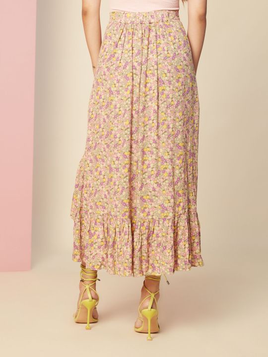 Beige Floral Printed Asymmetric Midi Skirt (Twenty Dresses)