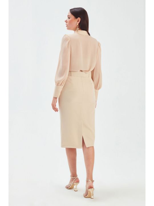 Beige Solid Pattern Skirt with Belt (Sateen)