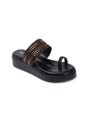 Bella Toes Black Embellished Velvet Wedge Sandals