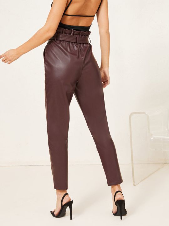 Berry Maroon Regular Faux Leather Paper Bag Trouser With Belt (Lipsy)