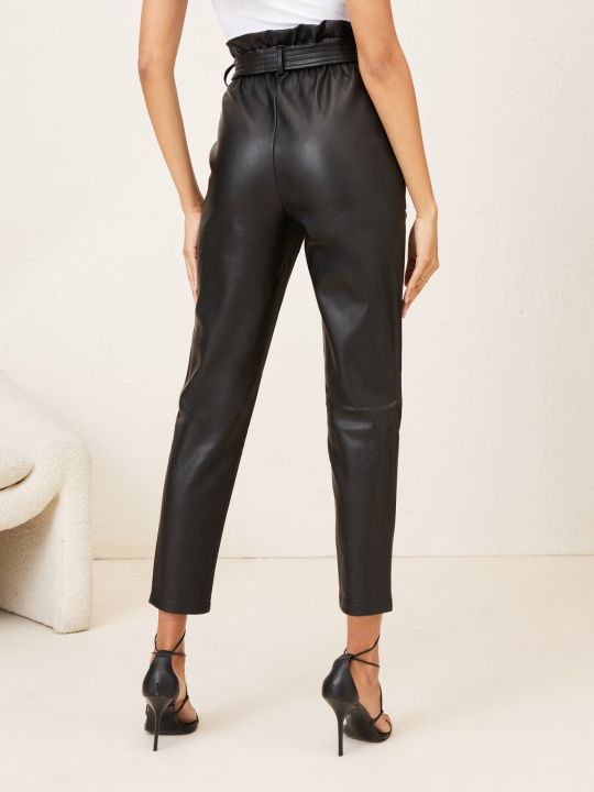 Black Regular Faux Leather Paper Bag Trouser With Belt (Lipsy)