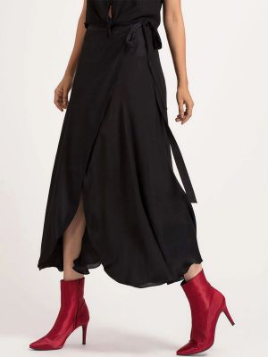 Black Solid Midi Length Modal Satin Wrap Casual Skirt For Women (SHAYE)