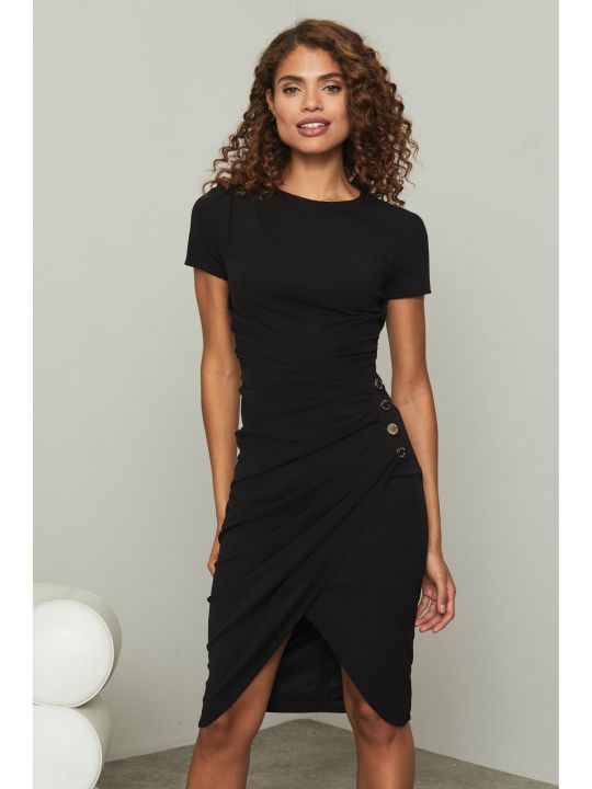 Black Wrap Ruched Button Dress (Lipsy)