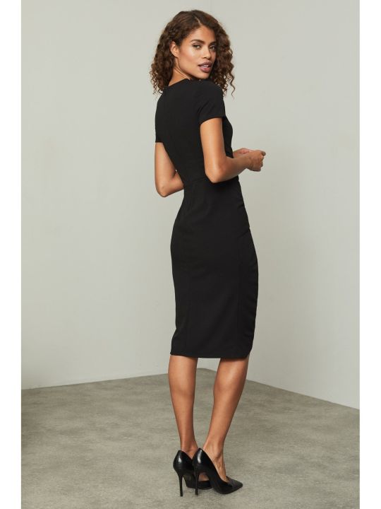 Black Wrap Ruched Button Dress (Lipsy)