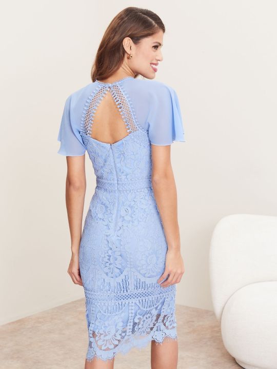 Blue Premium Lace Flutter Sleeve Midi Dress (Lipsy)