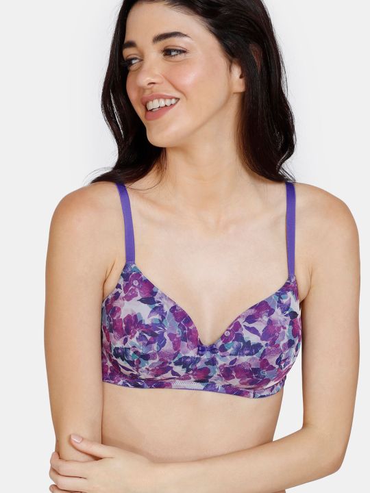 Bohemian Blooms Padded Non Wired 3/4Th Coverage T-Shirt Bra With Hipster Panty - Purple Magic