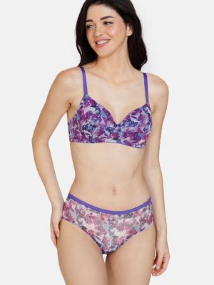 Bohemian Blooms Padded Non Wired 3/4Th Coverage T-Shirt Bra With Hipster Panty - Purple Magic