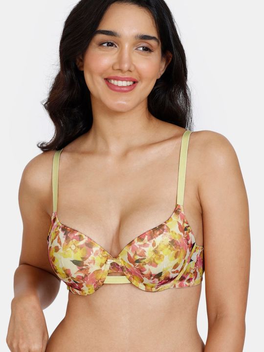 Bohemian Blooms Push-Up Wired Medium Coverage T-Shirt Bra With Hipster Panty - Snapdragon