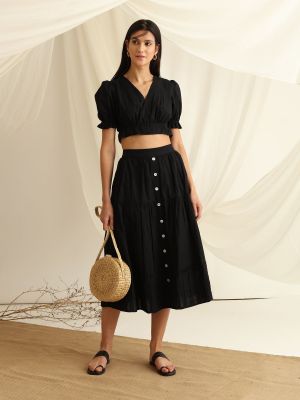 Button Down Pleated Hem Tiered Skirt (Blue Hour)