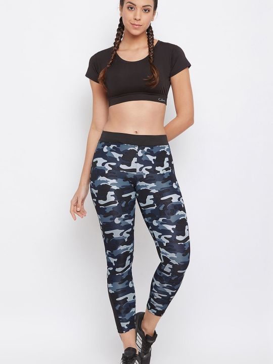 Camouflage Print Activewear Ankle-Length Tights in Navy