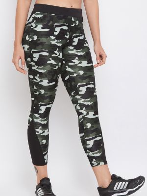 Camouflage Print Activewear Ankle Length Tights in Olive Green