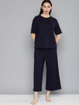 Chemistry Women Navy Blue Solid Night suit