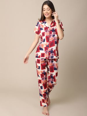 Claura Women Red & Blue Printed Night Suit