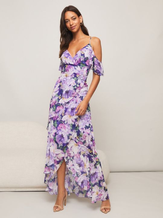 Cold Shoulder Purple Printed Wrap Maxi Dress (Lipsy)