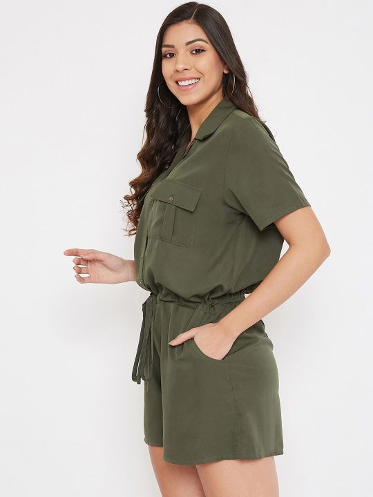 Color Cocktail Women Olive Green Solid Playsuit