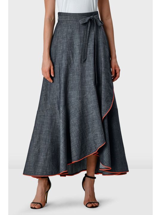Contrast Trim Cotton Chambray Faux Wrap Skirt (Zapelle)