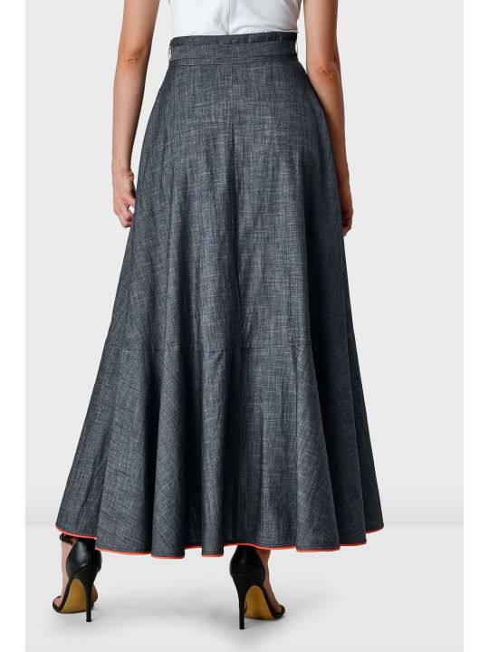 Contrast Trim Cotton Chambray Faux Wrap Skirt (Zapelle)