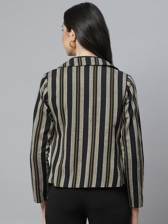 Cottinfab Black & Beige Striped Single Breasted Regular Fit Blazer