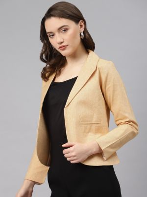 Cottinfab Women Beige Woven Design Cotton Formal Front Open Blazer