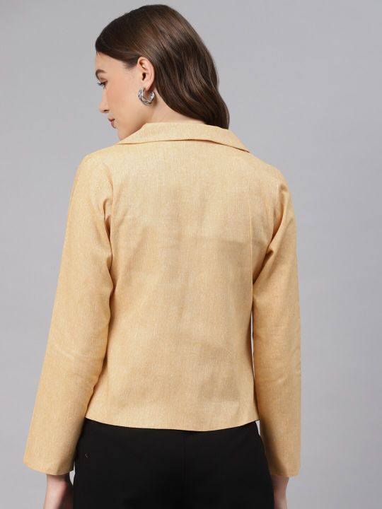 Cottinfab Women Beige Woven Design Cotton Formal Front Open Blazer