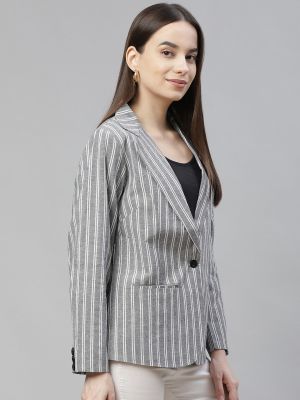 Cottinfab Women Grey & White Striped Pure Cotton Single-Breasted Casual Blazer