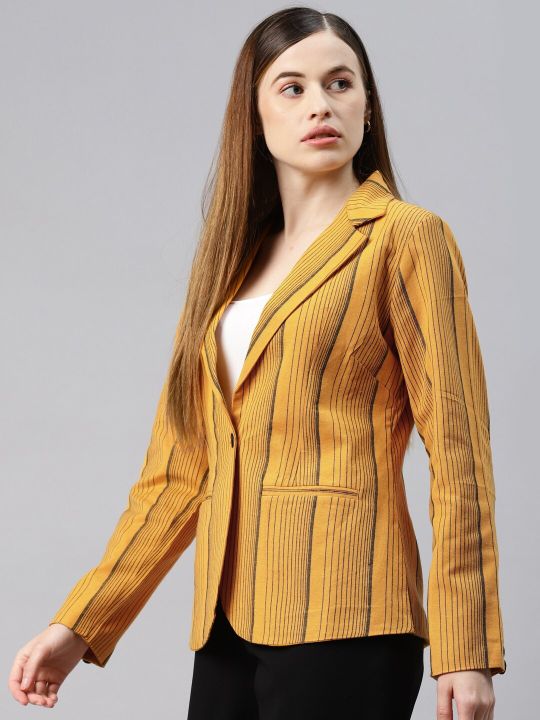 Cottinfab Women Mustard Striped Single-Breasted Formal Blazer